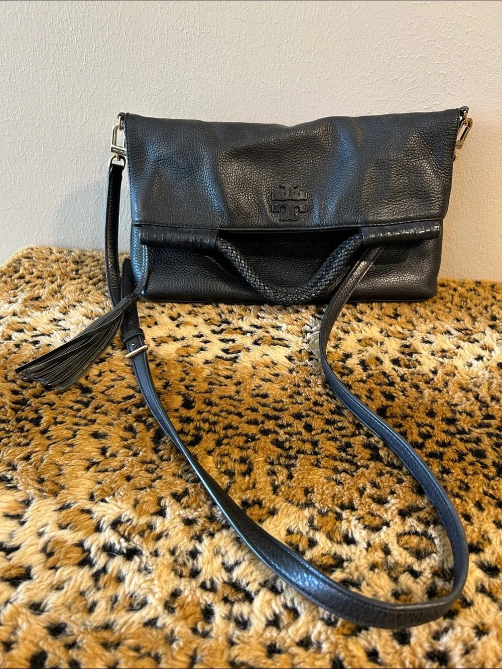 Tory Burch Black Pebbled Leather Crossbody with Tassel